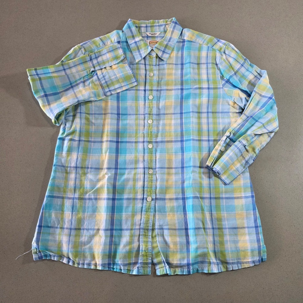 Talbots Irish Linen Blend Plaid Button Down Shirt Blue Green Yellow Mens L